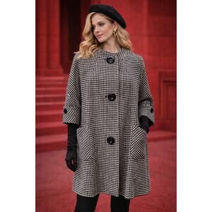 60s Vintage Black White Houndstooth Swing Coat Wool Blend, Mod - XL